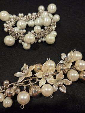 2 Bracelets Pearl Dangle Stretch & Flower Crystal & Ivory Pearl Bridal
